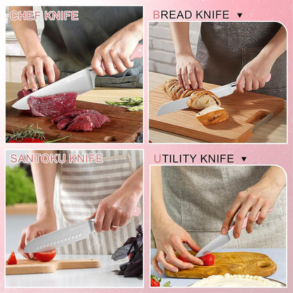 Pink Knife Set,14 Pieces Professional Kitchen Knife Set with Universal Knife Block, Super Sharp Knife Set with Ergonomic Handle Non-stick Stainless Steel Knife Block Set (Pink-14 Pieces)