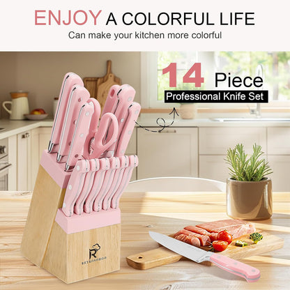 Pink Knife Set,14 Pieces Professional Kitchen Knife Set with Universal Knife Block, Super Sharp Knife Set with Ergonomic Handle Non-stick Stainless Steel Knife Block Set (Pink-14 Pieces)