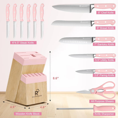 Pink Knife Set,14 Pieces Professional Kitchen Knife Set with Universal Knife Block, Super Sharp Knife Set with Ergonomic Handle Non-stick Stainless Steel Knife Block Set (Pink-14 Pieces)