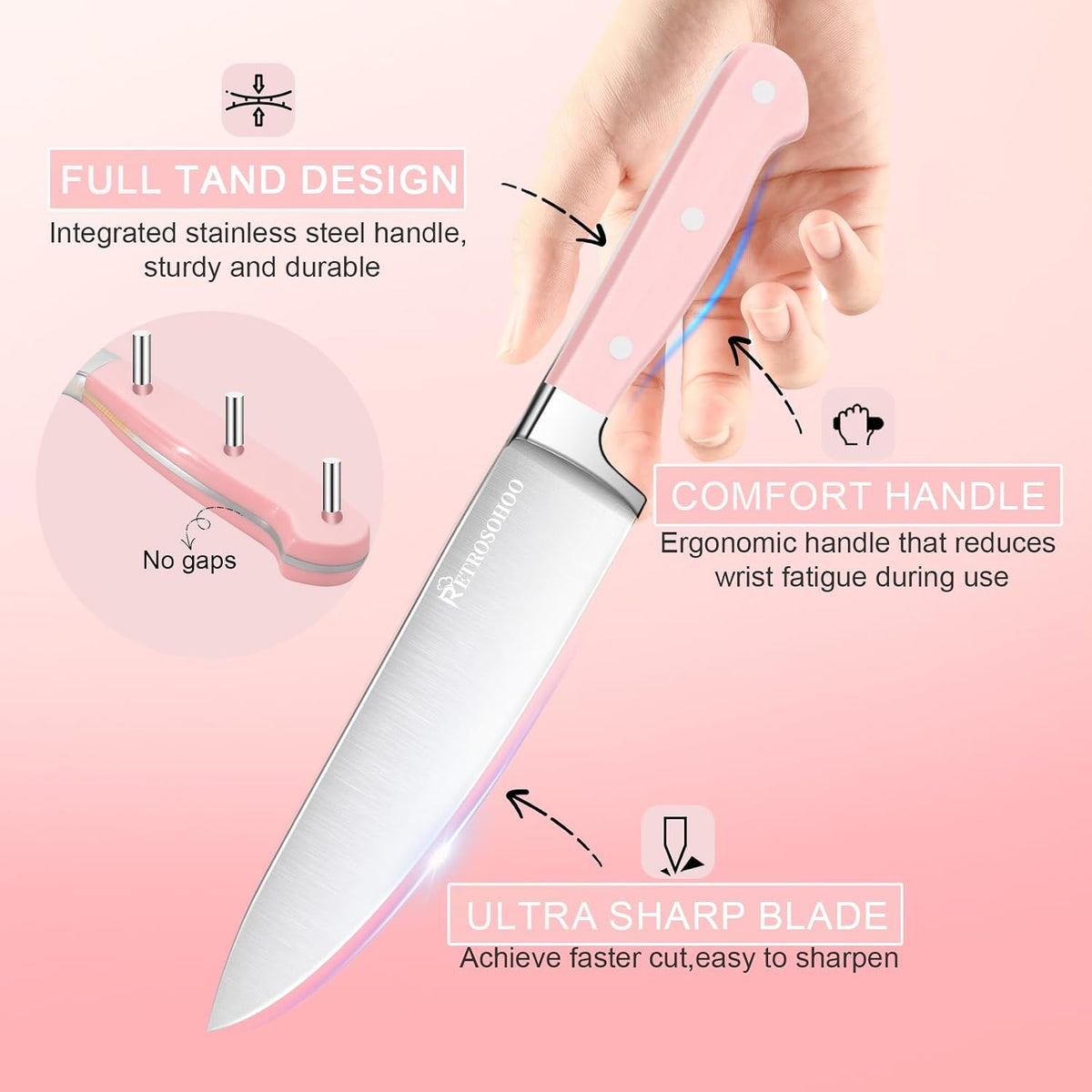 Pink Knife Set,14 Pieces Professional Kitchen Knife Set with Universal Knife Block, Super Sharp Knife Set with Ergonomic Handle Non-stick Stainless Steel Knife Block Set (Pink-14 Pieces)