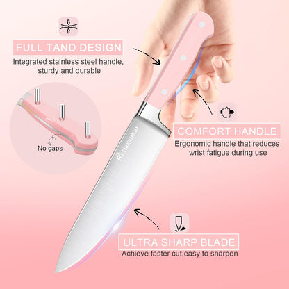 Pink Knife Set,14 Pieces Professional Kitchen Knife Set with Universal Knife Block, Super Sharp Knife Set with Ergonomic Handle Non-stick Stainless Steel Knife Block Set (Pink-14 Pieces)