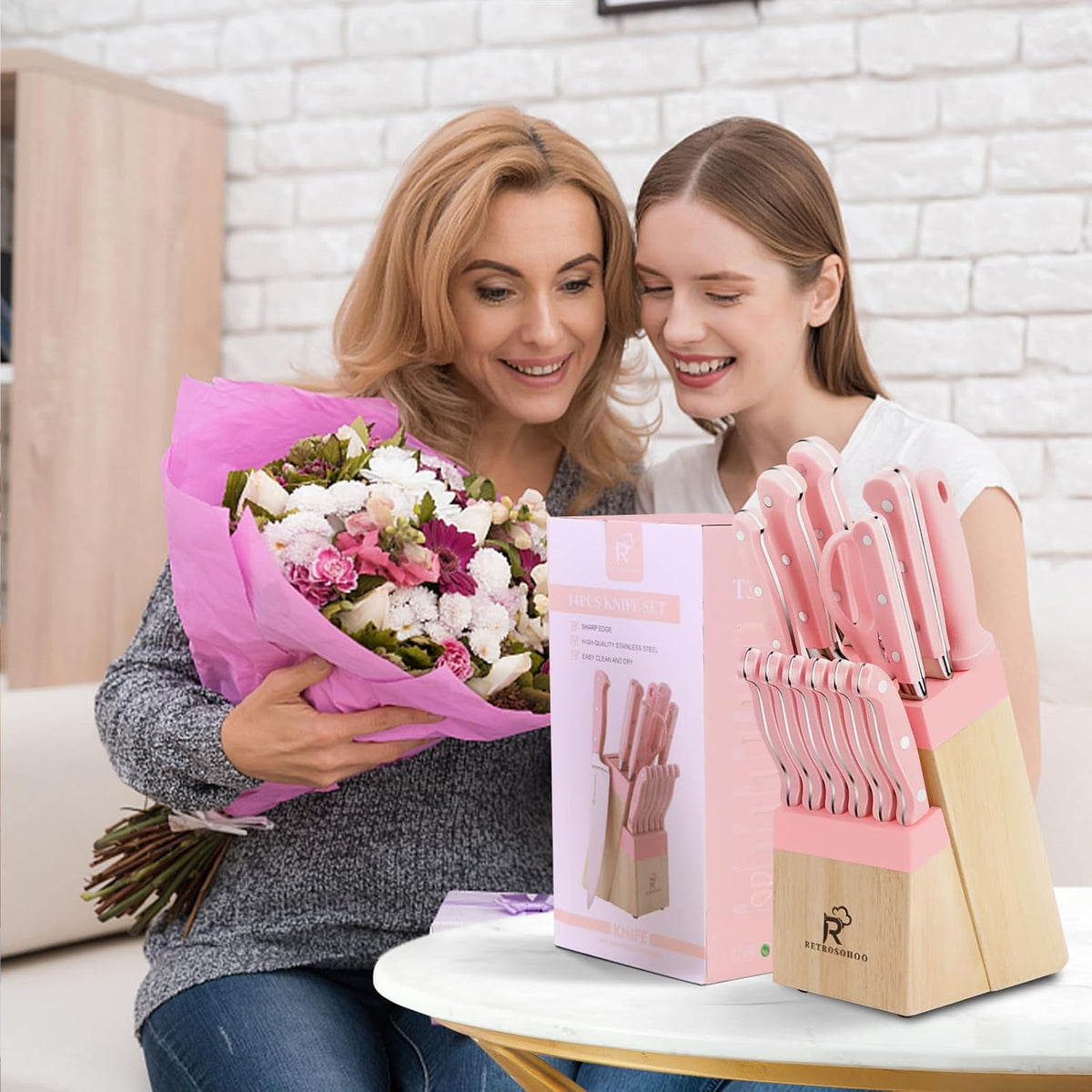 Pink Knife Set,14 Pieces Professional Kitchen Knife Set with Universal Knife Block, Super Sharp Knife Set with Ergonomic Handle Non-stick Stainless Steel Knife Block Set (Pink-14 Pieces)