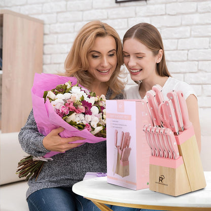 Pink Knife Set,14 Pieces Professional Kitchen Knife Set with Universal Knife Block, Super Sharp Knife Set with Ergonomic Handle Non-stick Stainless Steel Knife Block Set (Pink-14 Pieces)