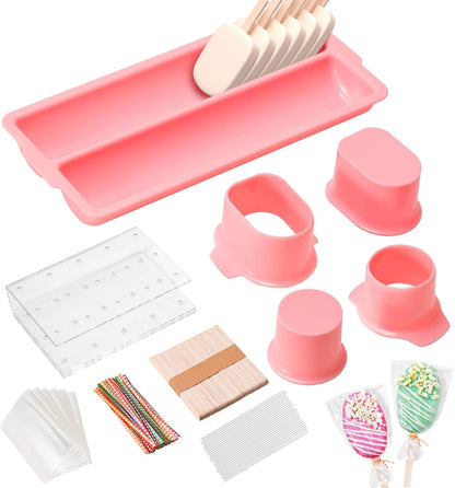 Cakesicle Cutter and Cake Pop Mold Set with Acrylic Stands, Tray, Sticks, Cellophane Bags & Ties – Complete Baking Kit for Home Party Wedding Desserts Pink