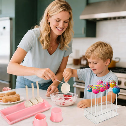 Cakesicle Cutter and Cake Pop Mold Set with Acrylic Stands, Tray, Sticks, Cellophane Bags & Ties – Complete Baking Kit for Home Party Wedding Desserts Pink