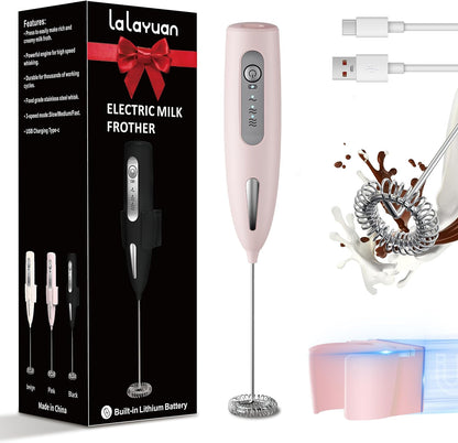 Electric Milk Frother, Three speed adjustment, USB Rechargeable Cordless Hand Blender with Sticky Stand Included, 304 stainless steel Egg Beater, Mixed Drinks, Coffee Stirrers (Pink set)