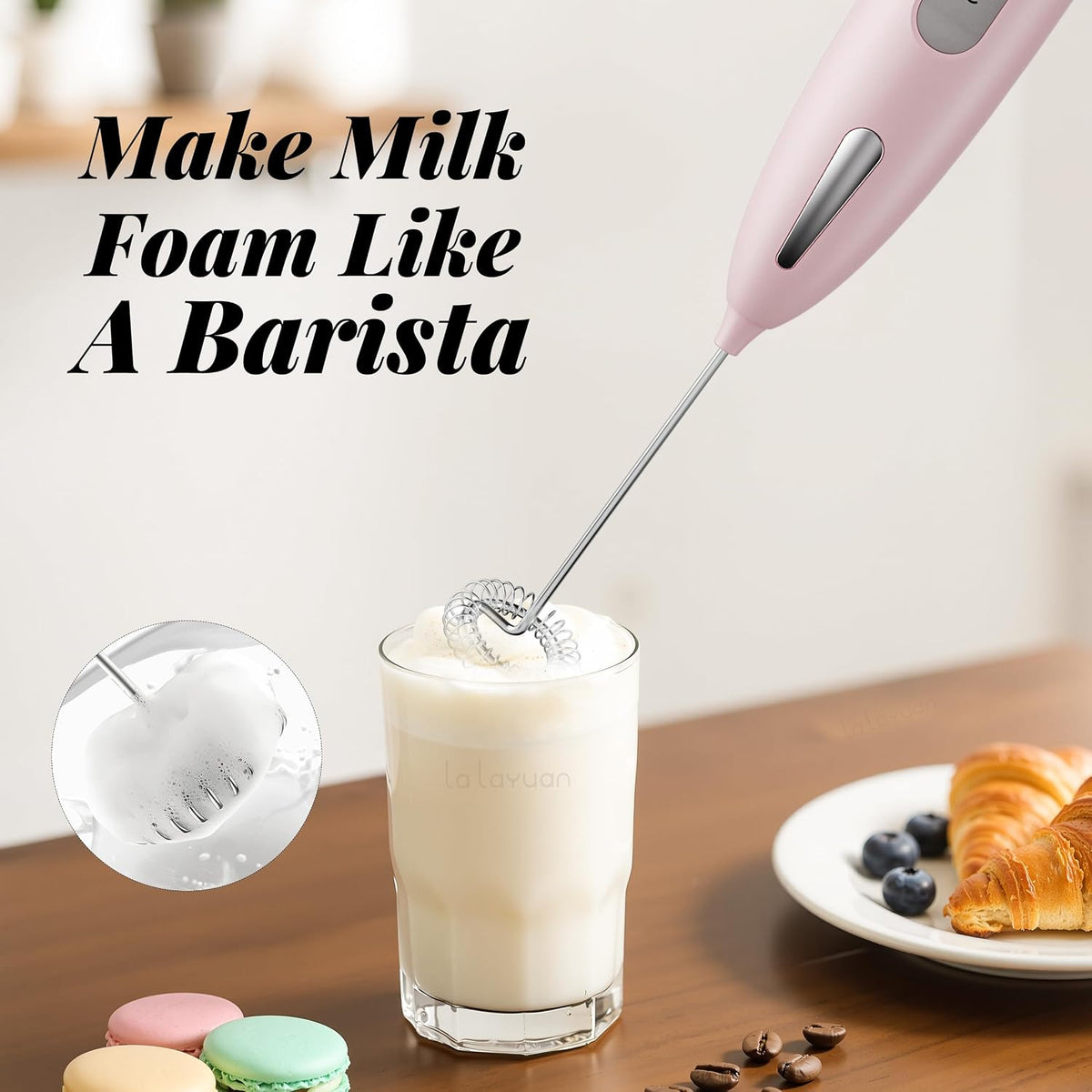 Electric Milk Frother, Three speed adjustment, USB Rechargeable Cordless Hand Blender with Sticky Stand Included, 304 stainless steel Egg Beater, Mixed Drinks, Coffee Stirrers (Pink set)