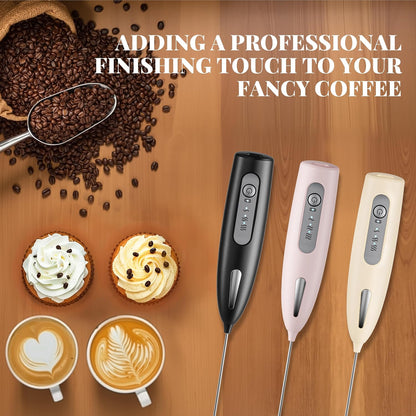 Electric Milk Frother, Three speed adjustment, USB Rechargeable Cordless Hand Blender with Sticky Stand Included, 304 stainless steel Egg Beater, Mixed Drinks, Coffee Stirrers (Pink set)
