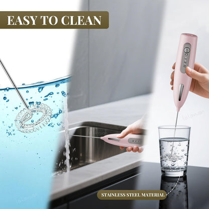 Electric Milk Frother, Three speed adjustment, USB Rechargeable Cordless Hand Blender with Sticky Stand Included, 304 stainless steel Egg Beater, Mixed Drinks, Coffee Stirrers (Pink set)