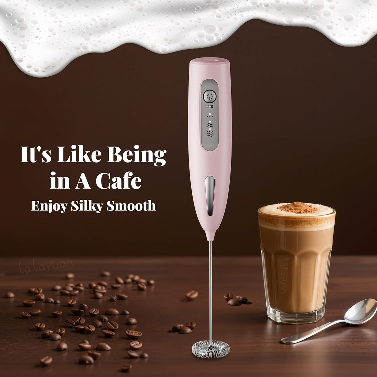 Electric Milk Frother, Three speed adjustment, USB Rechargeable Cordless Hand Blender with Sticky Stand Included, 304 stainless steel Egg Beater, Mixed Drinks, Coffee Stirrers (Pink set)