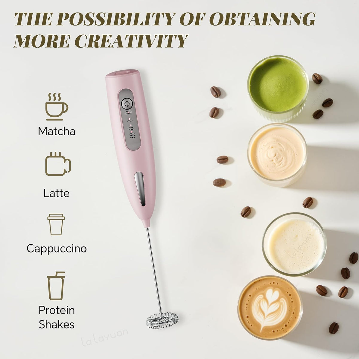 Electric Milk Frother, Three speed adjustment, USB Rechargeable Cordless Hand Blender with Sticky Stand Included, 304 stainless steel Egg Beater, Mixed Drinks, Coffee Stirrers (Pink set)