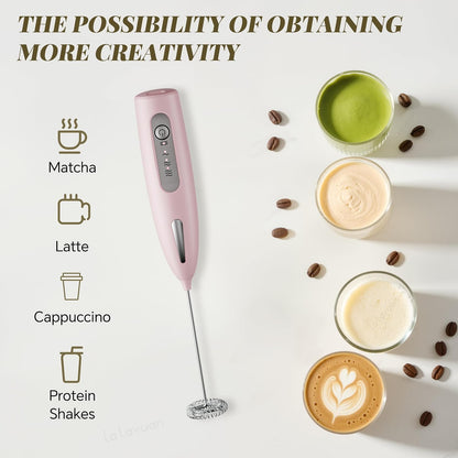 Electric Milk Frother, Three speed adjustment, USB Rechargeable Cordless Hand Blender with Sticky Stand Included, 304 stainless steel Egg Beater, Mixed Drinks, Coffee Stirrers (Pink set)
