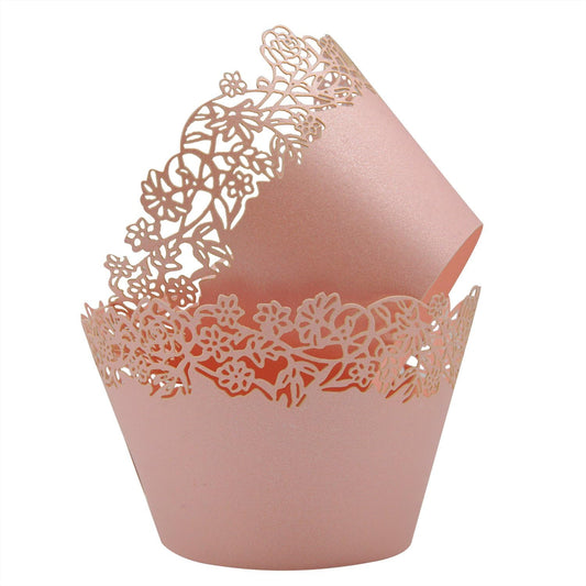 Cupcake Wrappers Pack of 50 Pink Filigree Artistic Bake Cake Paper Cups Little Vine Lace Laser Cut Liner Baking Cup Muffin Case Trays for Wedding Party Birthday Decoration -By KEIVA