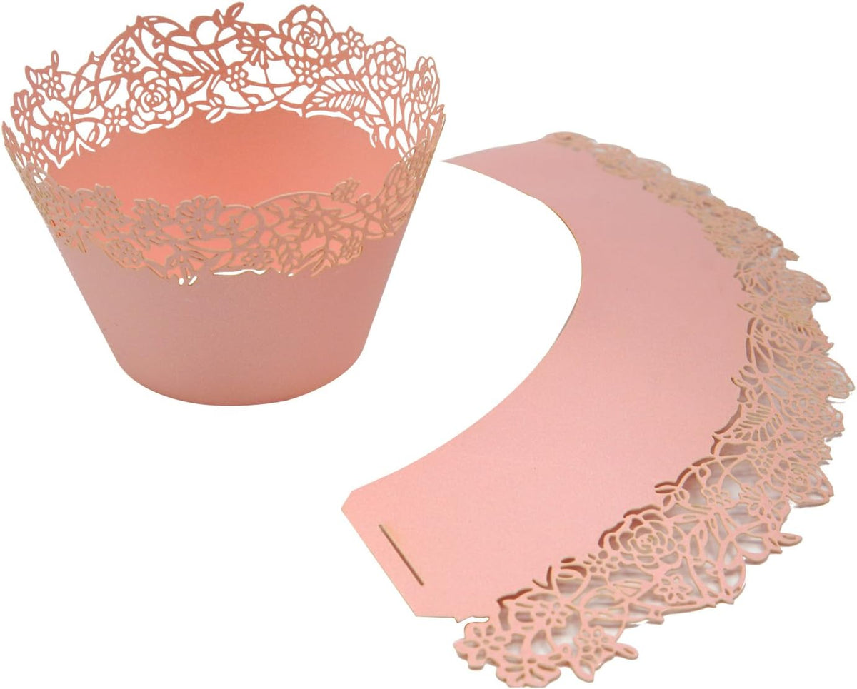 Cupcake Wrappers Pack of 50 Pink Filigree Artistic Bake Cake Paper Cups Little Vine Lace Laser Cut Liner Baking Cup Muffin Case Trays for Wedding Party Birthday Decoration -By KEIVA