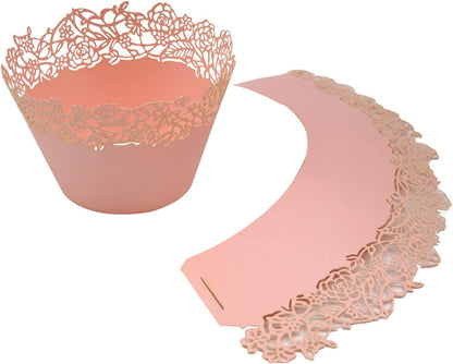 Cupcake Wrappers Pack of 50 Pink Filigree Artistic Bake Cake Paper Cups Little Vine Lace Laser Cut Liner Baking Cup Muffin Case Trays for Wedding Party Birthday Decoration -By KEIVA