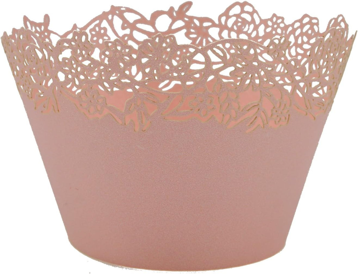 Cupcake Wrappers Pack of 50 Pink Filigree Artistic Bake Cake Paper Cups Little Vine Lace Laser Cut Liner Baking Cup Muffin Case Trays for Wedding Party Birthday Decoration -By KEIVA