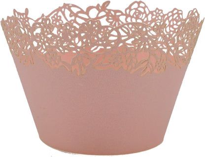 Cupcake Wrappers Pack of 50 Pink Filigree Artistic Bake Cake Paper Cups Little Vine Lace Laser Cut Liner Baking Cup Muffin Case Trays for Wedding Party Birthday Decoration -By KEIVA