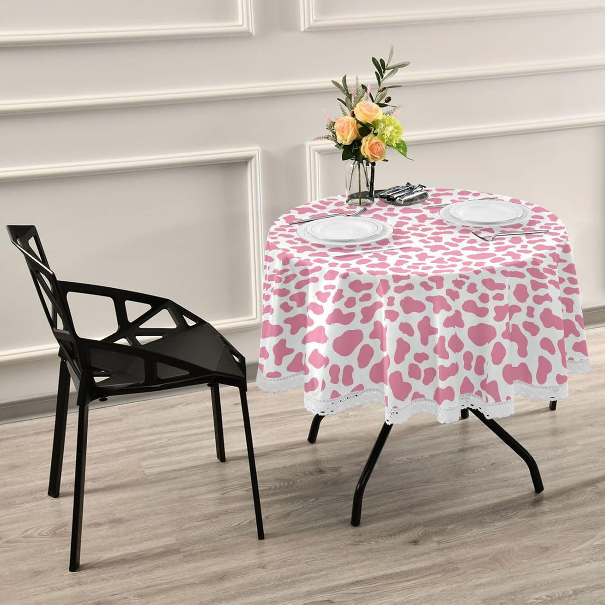 Peach Cow Pattern Circle Table Cloths Fabric 60 Inch Washable Polyester Crochet Lace, Round Table mat Protective Film for Picnic Outdoor Comedor