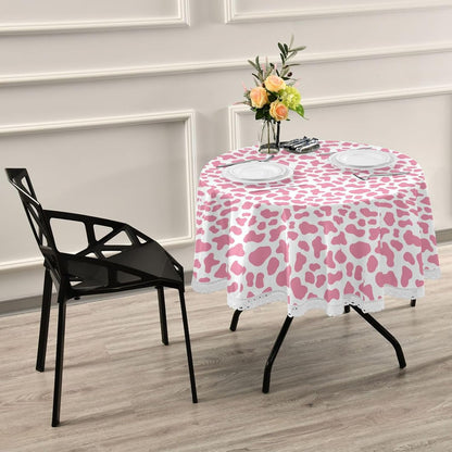Peach Cow Pattern Circle Table Cloths Fabric 60 Inch Washable Polyester Crochet Lace, Round Table mat Protective Film for Picnic Outdoor Comedor