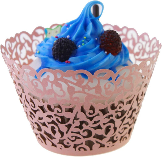 100pcs Cupcake Wrappers Artistic Bake Cake Paper Cups Little Vine Lace Laser Cut Liner Baking Cup Muffin Case Trays for Wedding Party Birthday Decoration (Pink)