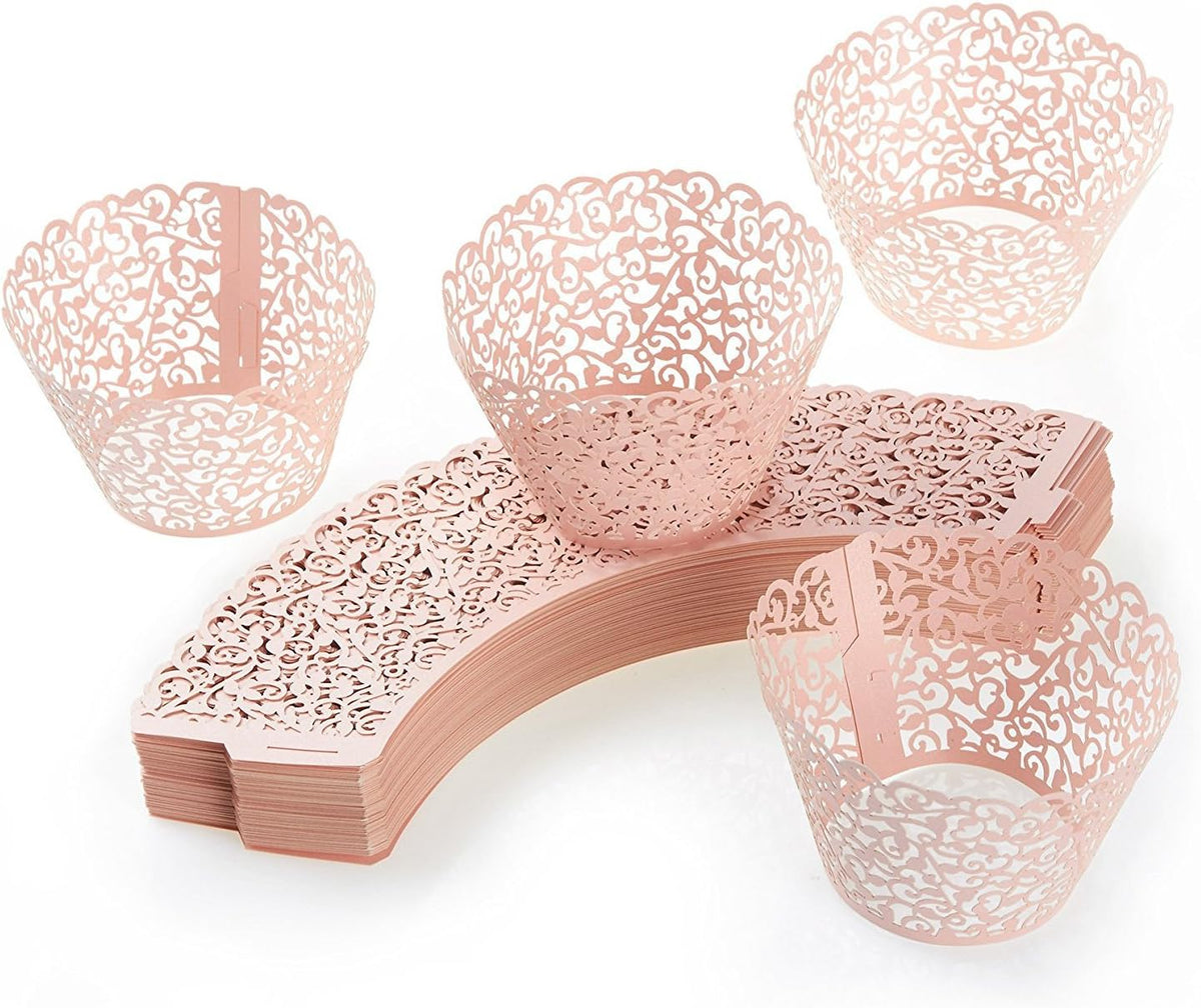 100pcs Cupcake Wrappers Artistic Bake Cake Paper Cups Little Vine Lace Laser Cut Liner Baking Cup Muffin Case Trays for Wedding Party Birthday Decoration (Pink)