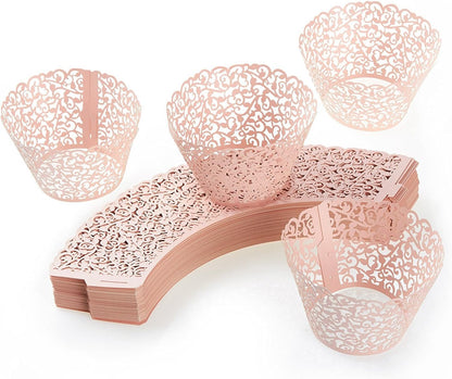 100pcs Cupcake Wrappers Artistic Bake Cake Paper Cups Little Vine Lace Laser Cut Liner Baking Cup Muffin Case Trays for Wedding Party Birthday Decoration (Pink)