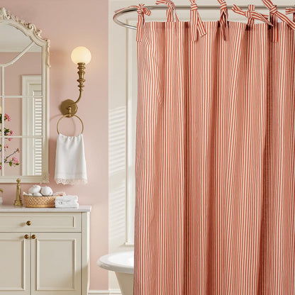 Blush Pink Striped Shower Curtain Hookless - 72x72 Inches,Linen Blend Cloth Fabric,Girly Cute Coquette Style Ticking Vertical Stripe Shower Curtain for French Country Bathroom Decor