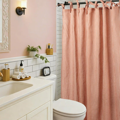 Blush Pink Striped Shower Curtain Hookless - 72x72 Inches,Linen Blend Cloth Fabric,Girly Cute Coquette Style Ticking Vertical Stripe Shower Curtain for French Country Bathroom Decor
