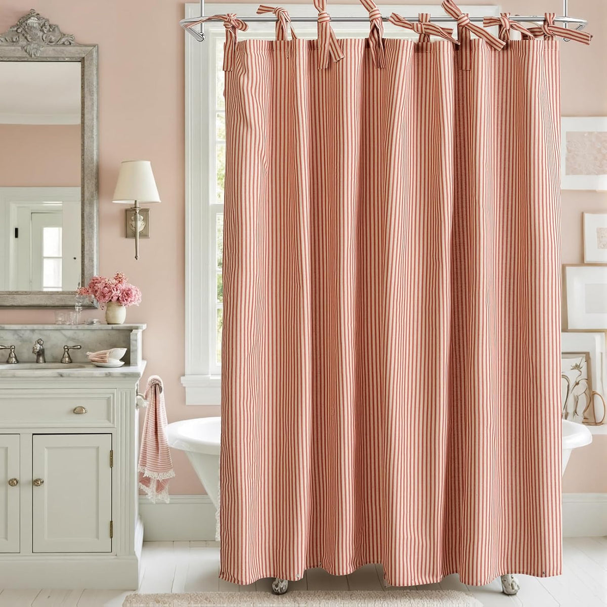 Blush Pink Striped Shower Curtain Hookless - 72x72 Inches,Linen Blend Cloth Fabric,Girly Cute Coquette Style Ticking Vertical Stripe Shower Curtain for French Country Bathroom Decor