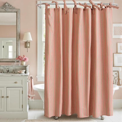 Blush Pink Striped Shower Curtain Hookless - 72x72 Inches,Linen Blend Cloth Fabric,Girly Cute Coquette Style Ticking Vertical Stripe Shower Curtain for French Country Bathroom Decor