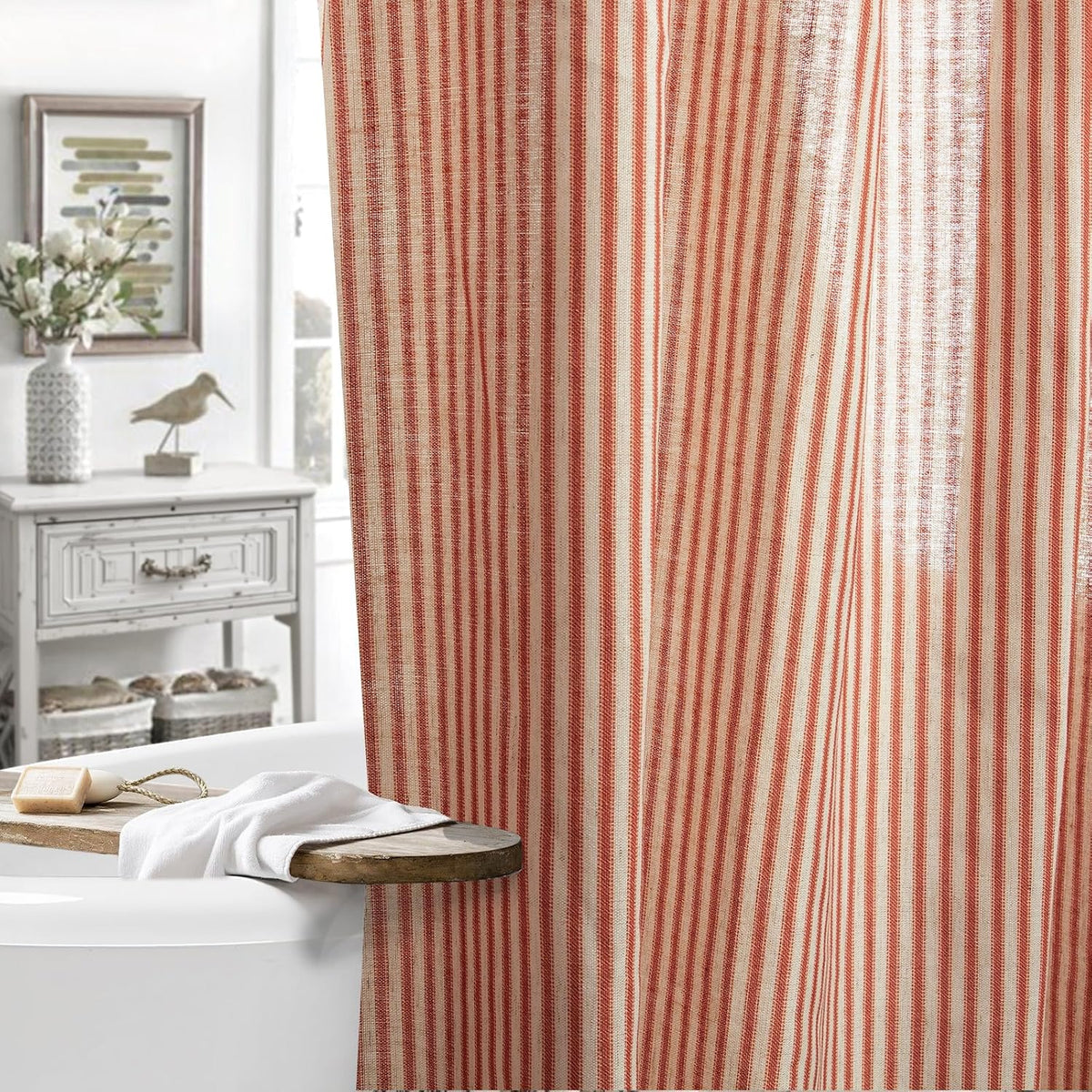 Blush Pink Striped Shower Curtain Hookless - 72x72 Inches,Linen Blend Cloth Fabric,Girly Cute Coquette Style Ticking Vertical Stripe Shower Curtain for French Country Bathroom Decor