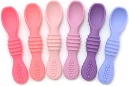 Silicone Chew Spoon Set for Babies and Toddlers | Safety Tested | BPA Free | Baby Spoon 6 Pack (Pink/Purple)