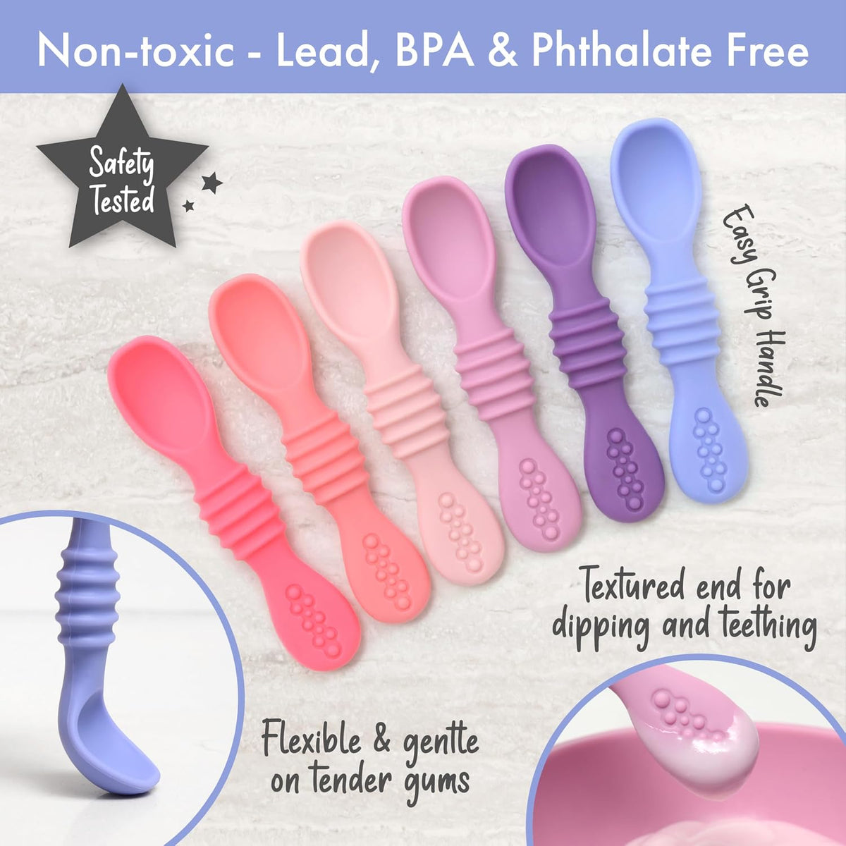Silicone Chew Spoon Set for Babies and Toddlers | Safety Tested | BPA Free | Baby Spoon 6 Pack (Pink/Purple)