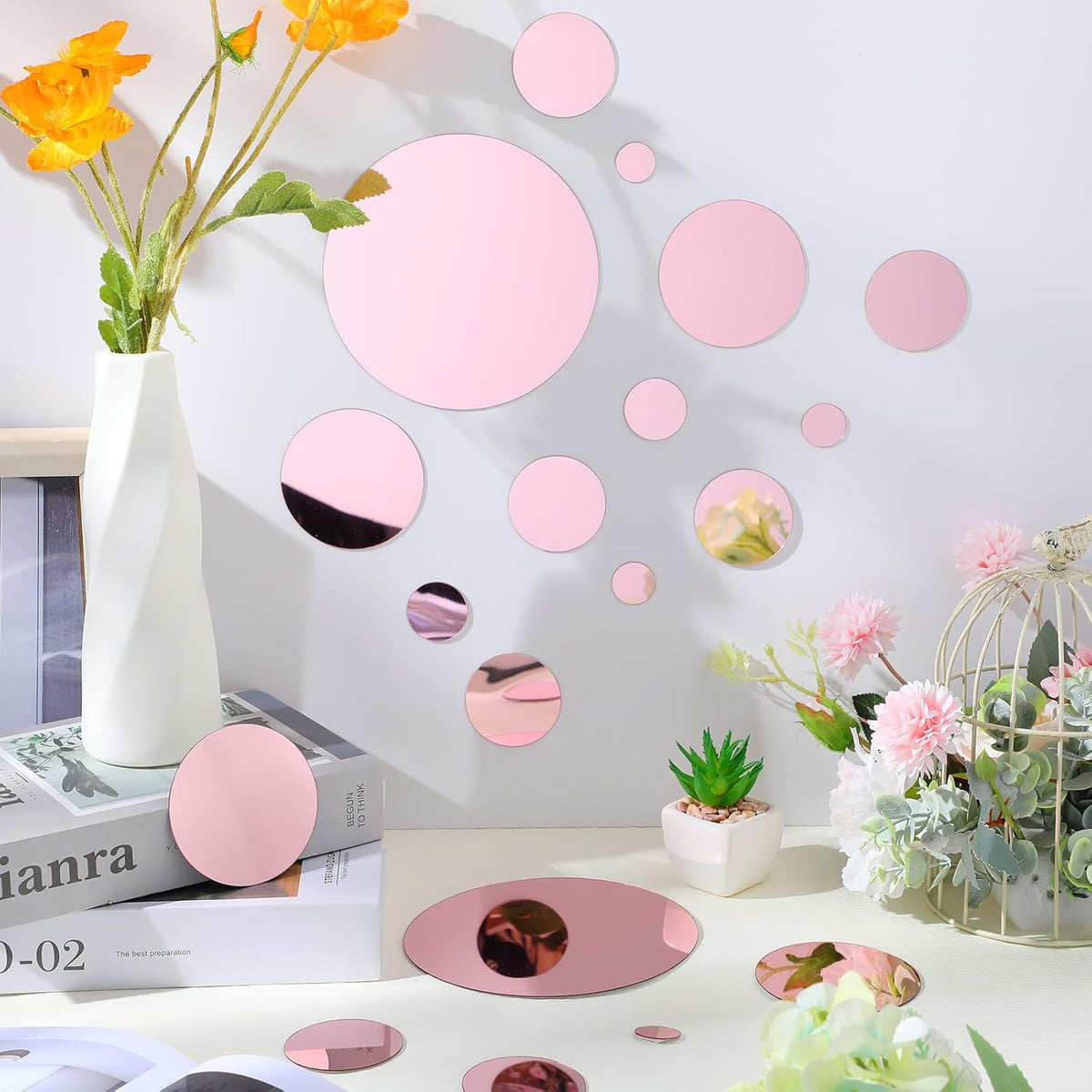 32 Pcs Acrylic Mirror Wall Stickers Removable, Pink, Small Size