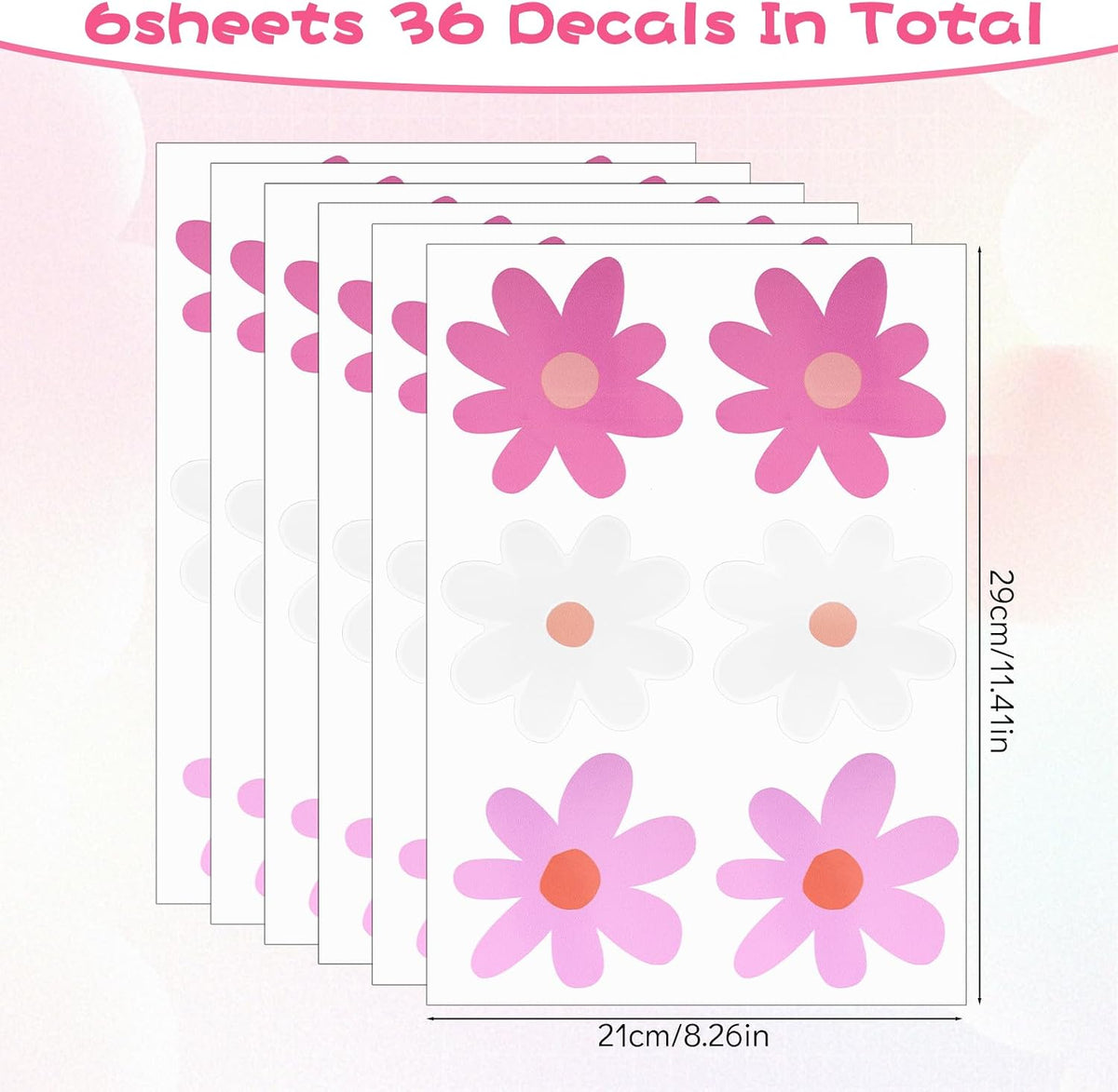 6 Sheets Daisy Wall Sticker Decal, Pink Flower Wall Sticker
