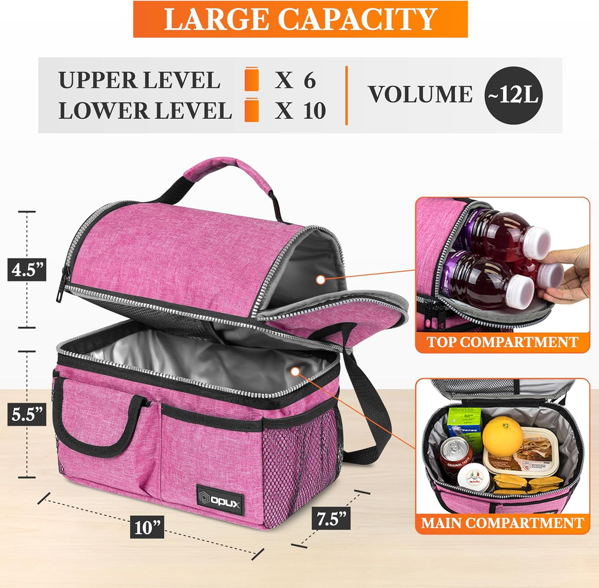 Insulated Lunch Bag Women Men, Dual Compartment Leakproof, Pink