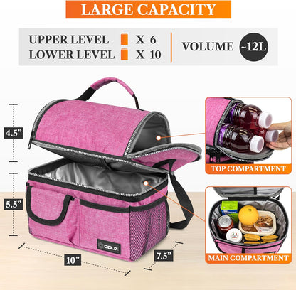 Insulated Lunch Bag Women Men, Dual Compartment Leakproof, Pink