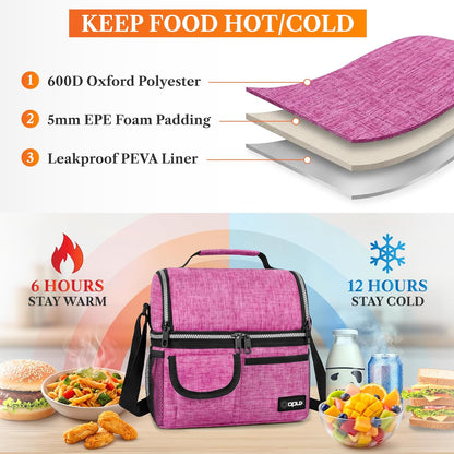 Insulated Lunch Bag Women Men, Dual Compartment Leakproof, Pink