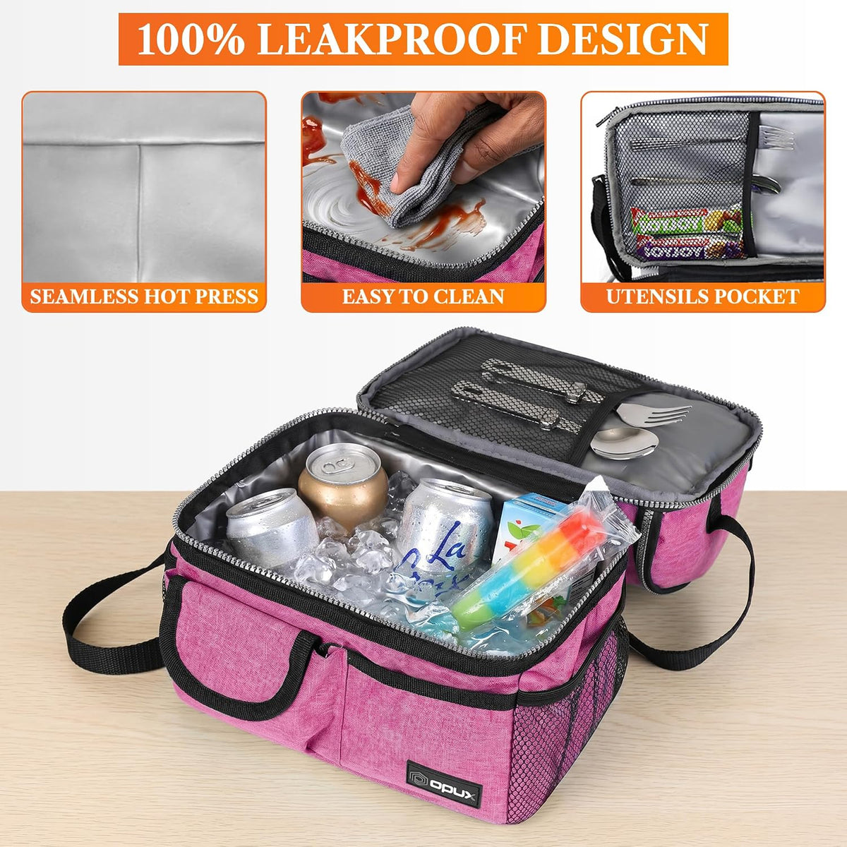 Insulated Lunch Bag Women Men, Dual Compartment Leakproof, Pink