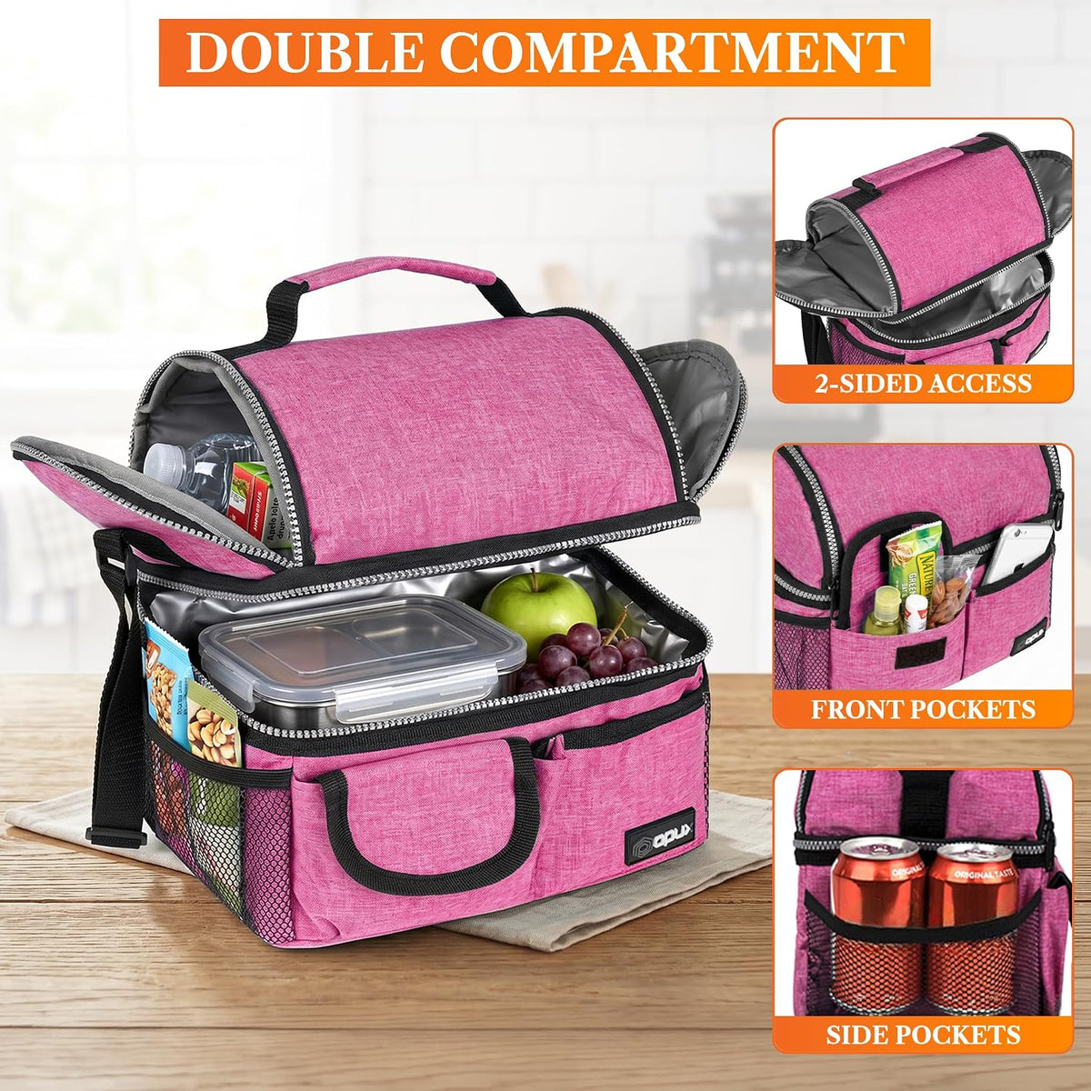 Insulated Lunch Bag Women Men, Dual Compartment Leakproof, Pink