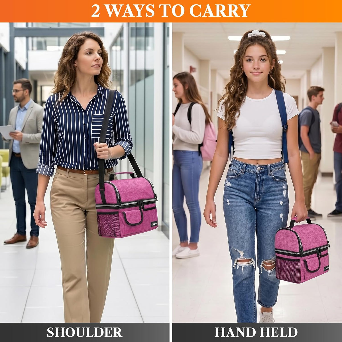 Insulated Lunch Bag Women Men, Dual Compartment Leakproof, Pink