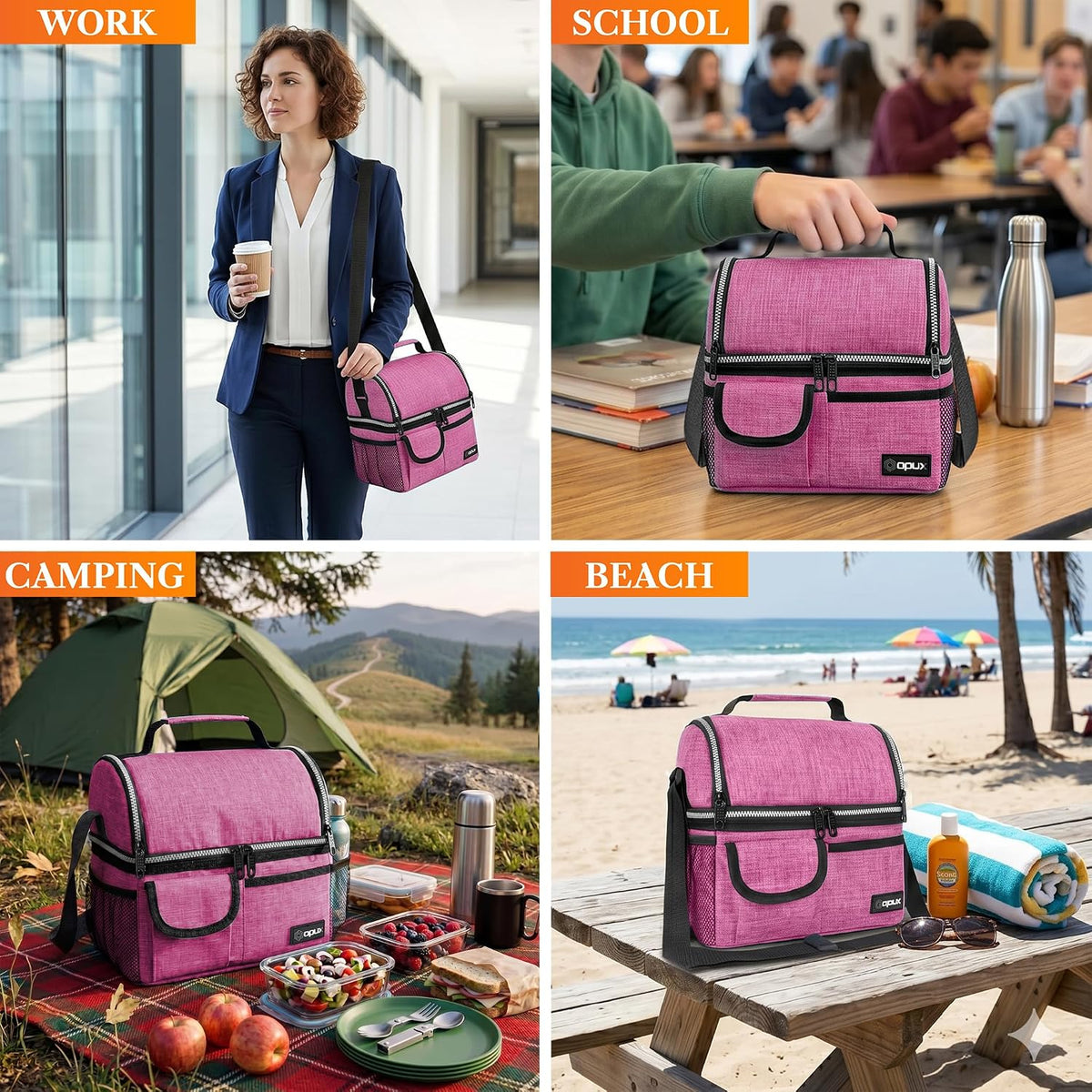 Insulated Lunch Bag Women Men, Dual Compartment Leakproof, Pink