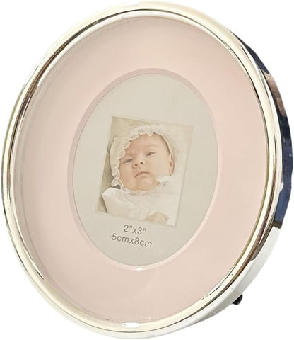 2x3 Oval Mini Picture Frame for Baby Silver Zinc Alloy Pink Picture Frame Tabletop Display for Newborn Baby Kids Decoration (Pink)