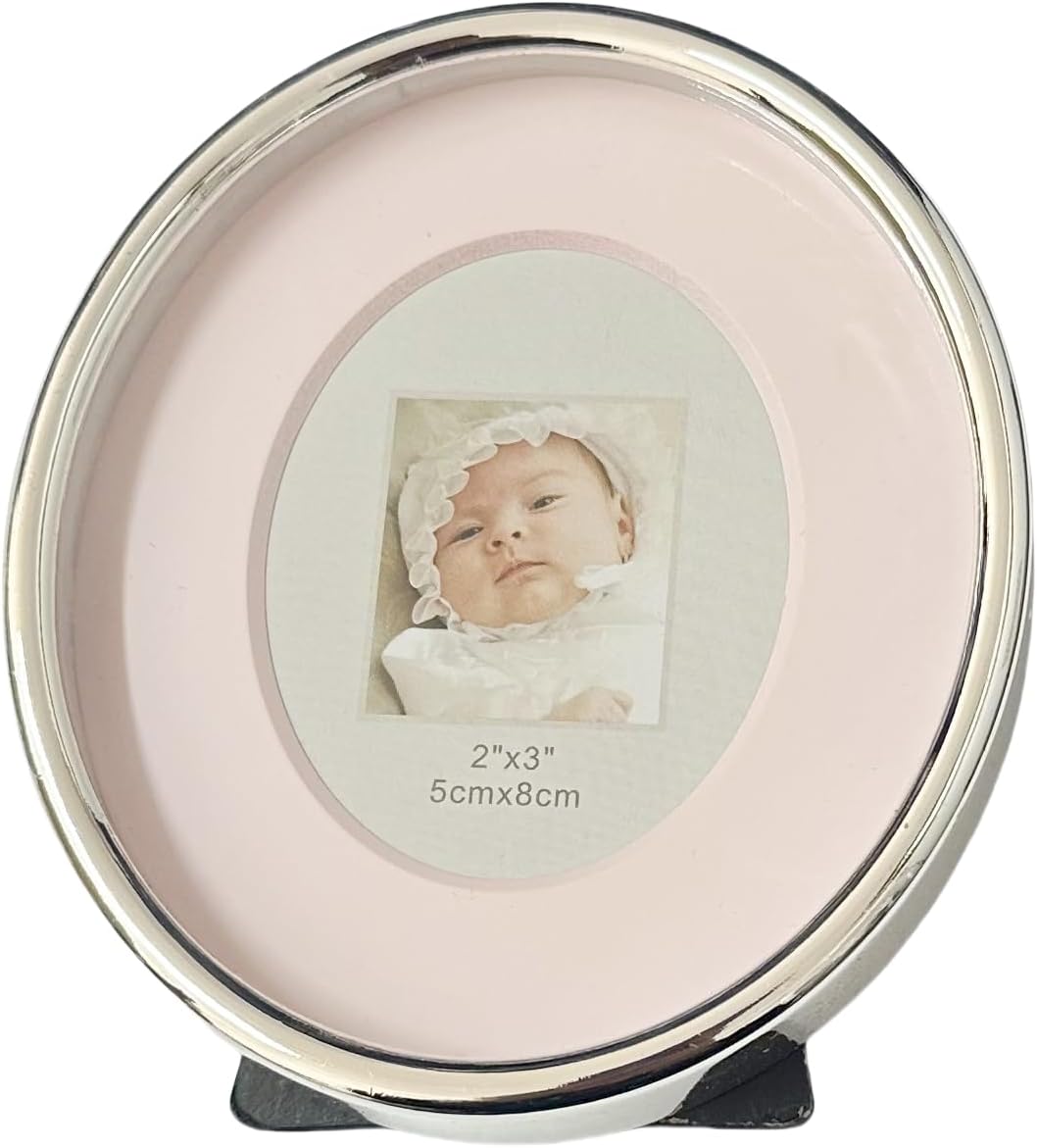 2x3 Oval Mini Picture Frame for Baby Silver Zinc Alloy Pink Picture Frame Tabletop Display for Newborn Baby Kids Decoration (Pink)