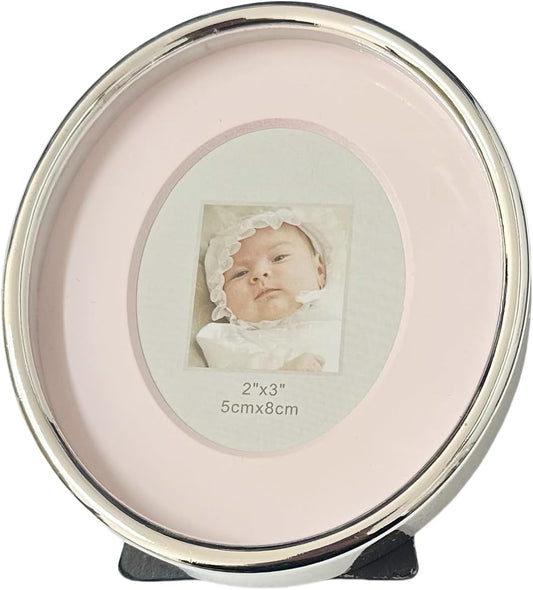 2x3 Oval Mini Picture Frame for Baby Silver Zinc Alloy Pink Picture Frame Tabletop Display for Newborn Baby Kids Decoration (Pink)