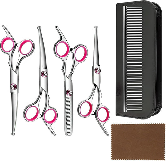 Dog Grooming Scissor, 7-in-1 Pet Grooming Scissor for Dogs, Professional Dog Grooming Kit with Safety Round Tips, Titanium Coated Cat Scissors Kit for Home Grooming (Pink)