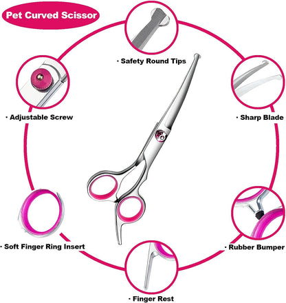 Dog Grooming Scissor, 7-in-1 Pet Grooming Scissor for Dogs, Professional Dog Grooming Kit with Safety Round Tips, Titanium Coated Cat Scissors Kit for Home Grooming (Pink)
