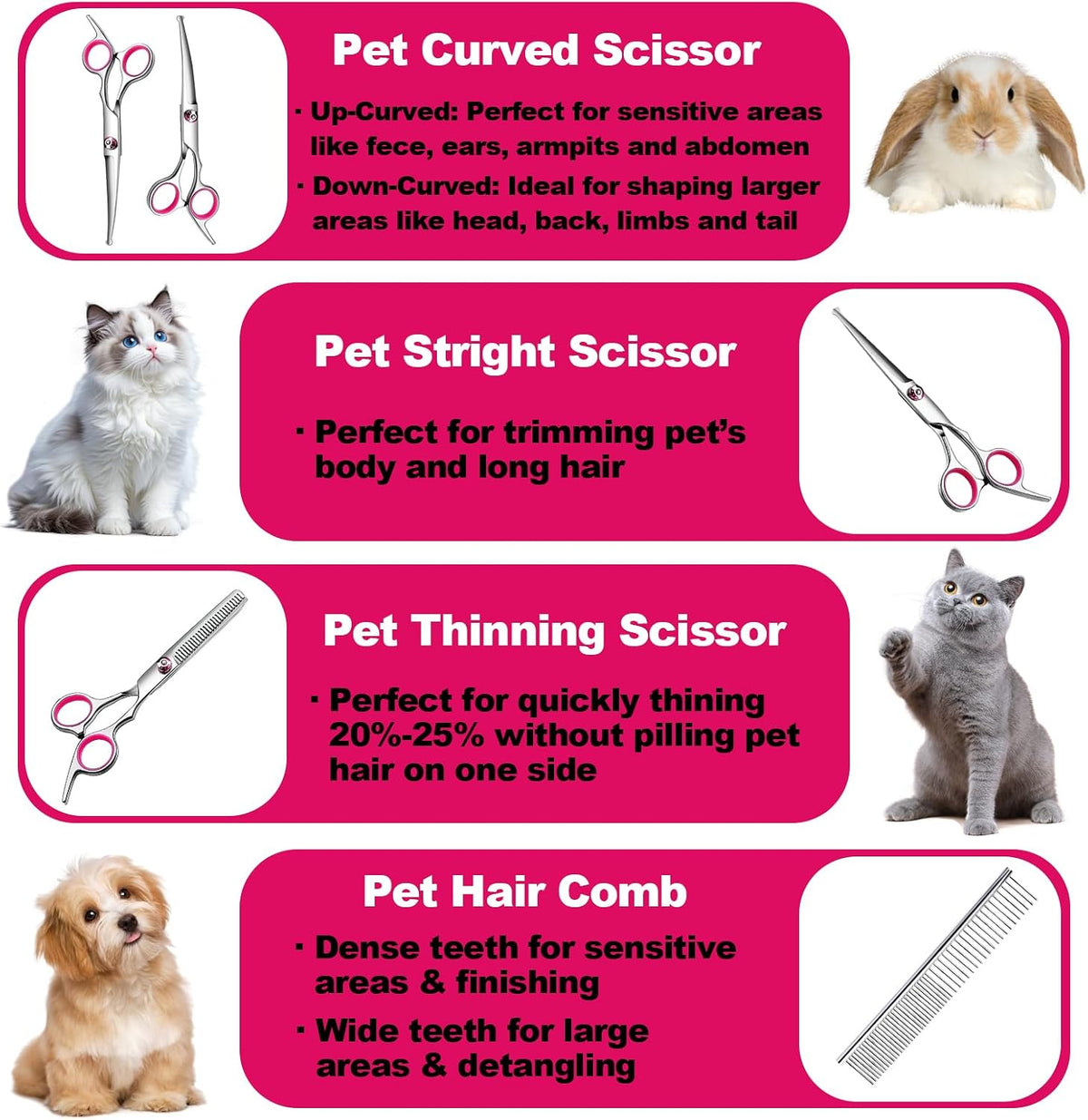 Dog Grooming Scissor, 7-in-1 Pet Grooming Scissor for Dogs, Professional Dog Grooming Kit with Safety Round Tips, Titanium Coated Cat Scissors Kit for Home Grooming (Pink)