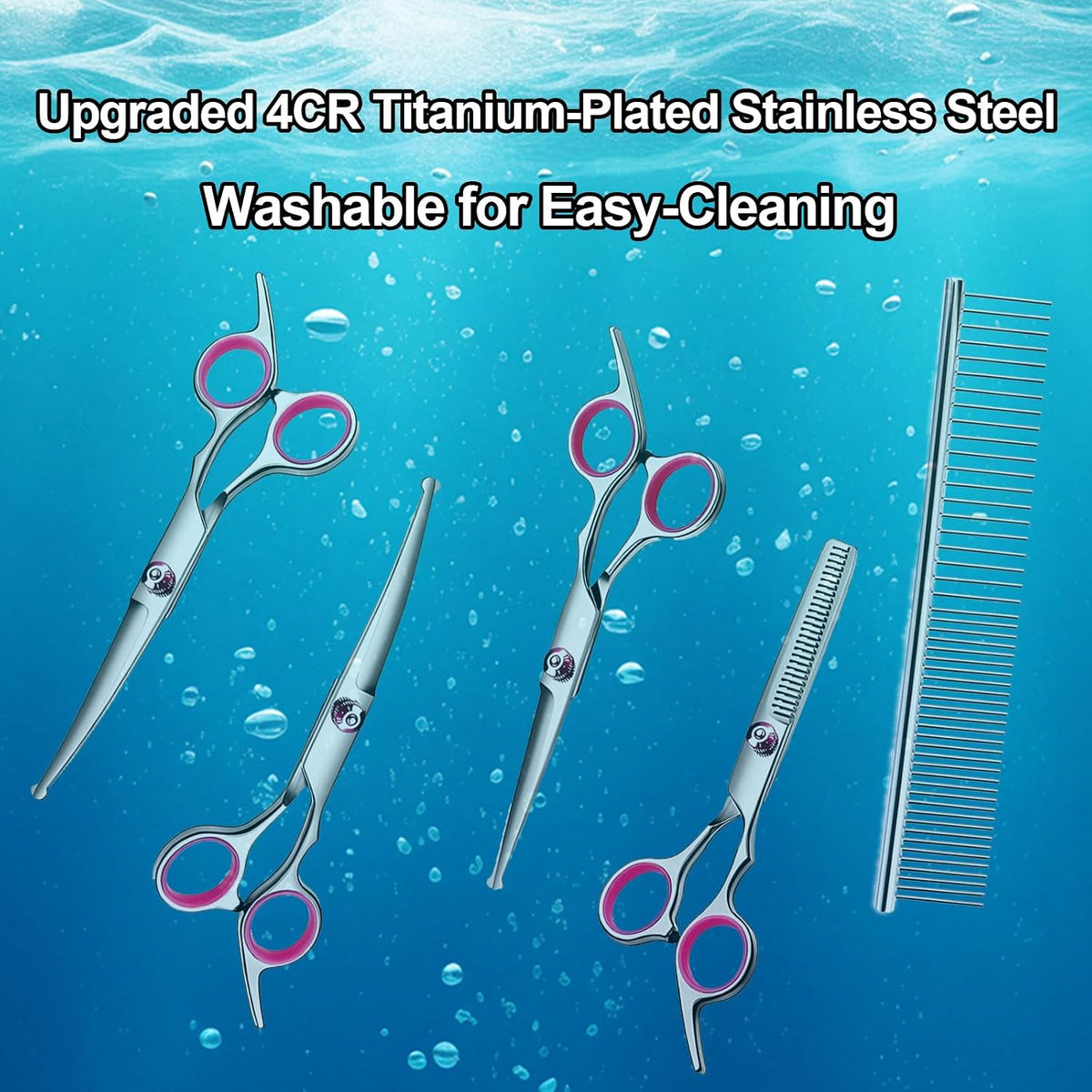 Dog Grooming Scissor, 7-in-1 Pet Grooming Scissor for Dogs, Professional Dog Grooming Kit with Safety Round Tips, Titanium Coated Cat Scissors Kit for Home Grooming (Pink)