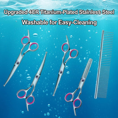 Dog Grooming Scissor, 7-in-1 Pet Grooming Scissor for Dogs, Professional Dog Grooming Kit with Safety Round Tips, Titanium Coated Cat Scissors Kit for Home Grooming (Pink)